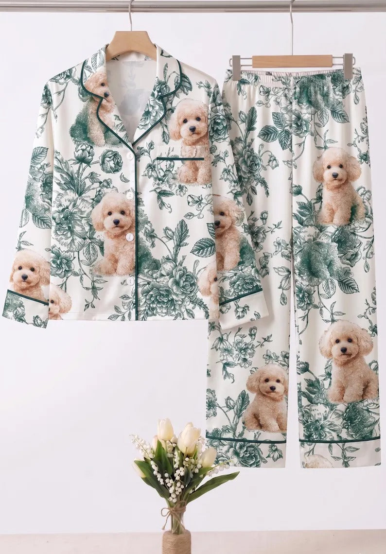 Mommy And Me Puppy Floral Satin Matching Pajama Sets