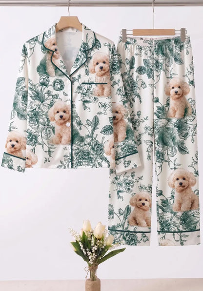 Mommy And Me Puppy Floral Satin Matching Pajama Sets