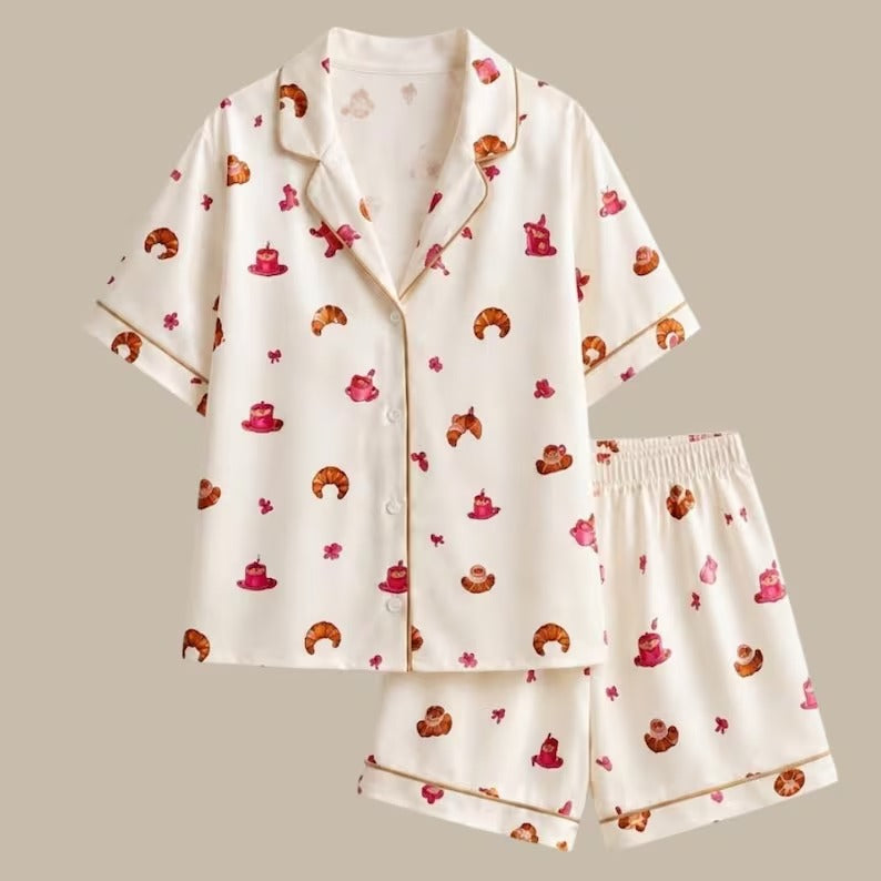 Mommy And Me Cream Croissant Print Satin Matching Pajama Set