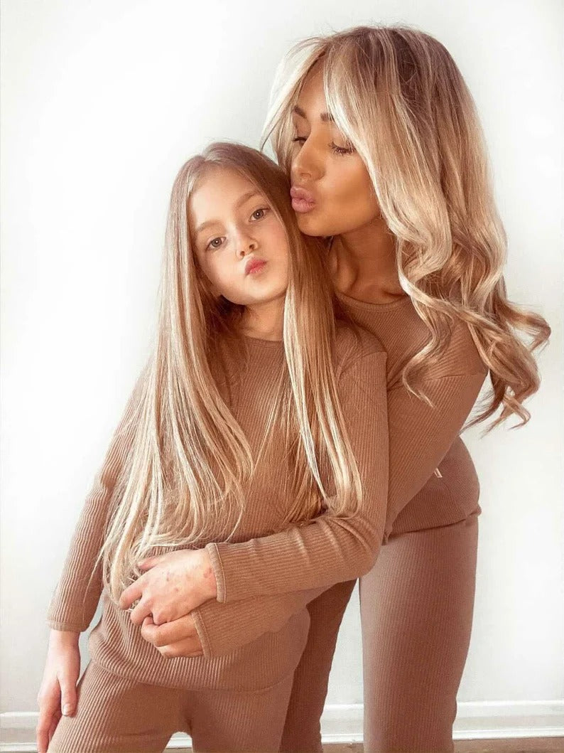 Family Matching Ribbed Knit Long Sleeve Top And Pants Loungewear Sets