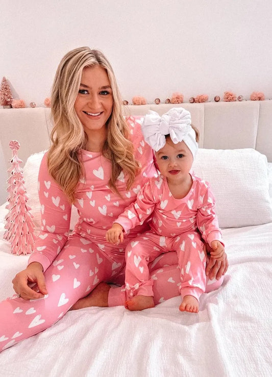 Mom and Baby Matching Pink Heart Pajama Set Long Sleeve Sleepwear