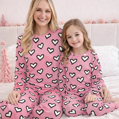 Mommy and Me Pink Heart Long Sleeve Matching Pajama Set