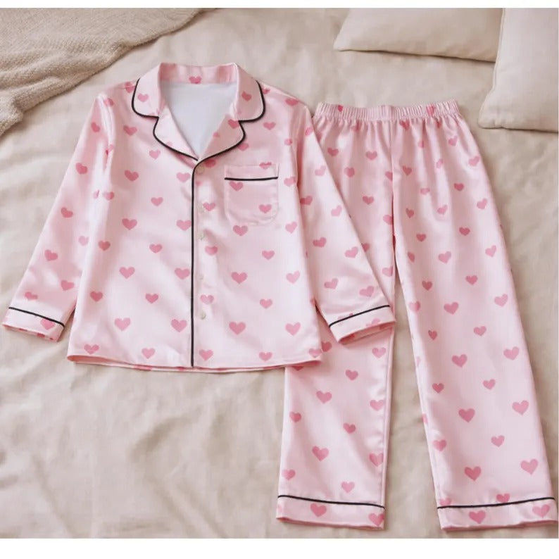 Mommy And Me Pink Heart Print Satin Matching Pajama Sets