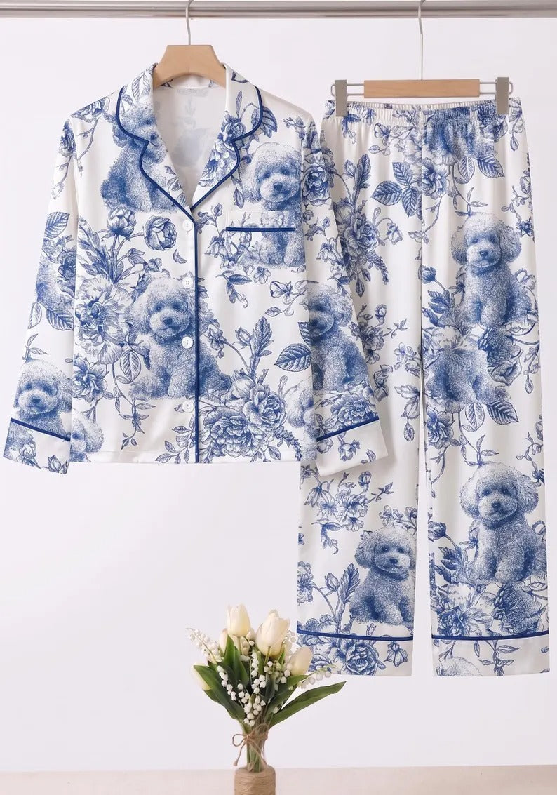 Mommy And Me Puppy Floral Satin Matching Pajama Sets