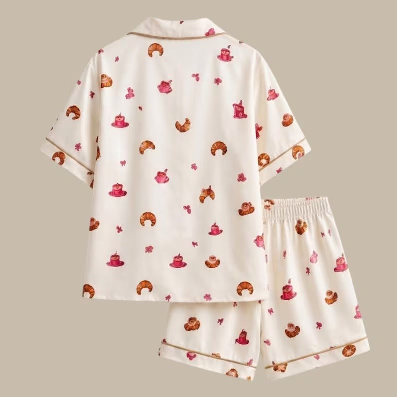 Mommy And Me Cream Croissant Print Satin Matching Pajama Set