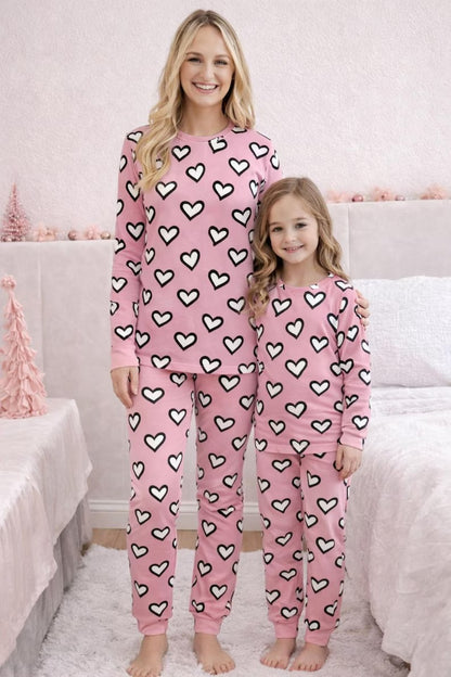 Mommy and Me Pink Heart Long Sleeve Matching Pajama Set