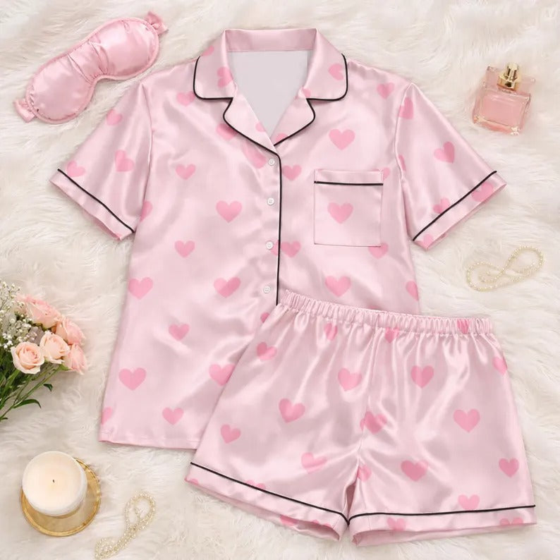 Mommy And Me Pink Heart Print Satin Matching Pajama Sets