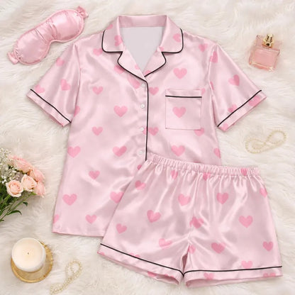 Mommy And Me Pink Heart Print Satin Matching Pajama Sets