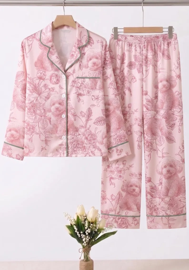 Mommy And Me Puppy Floral Satin Matching Pajama Sets