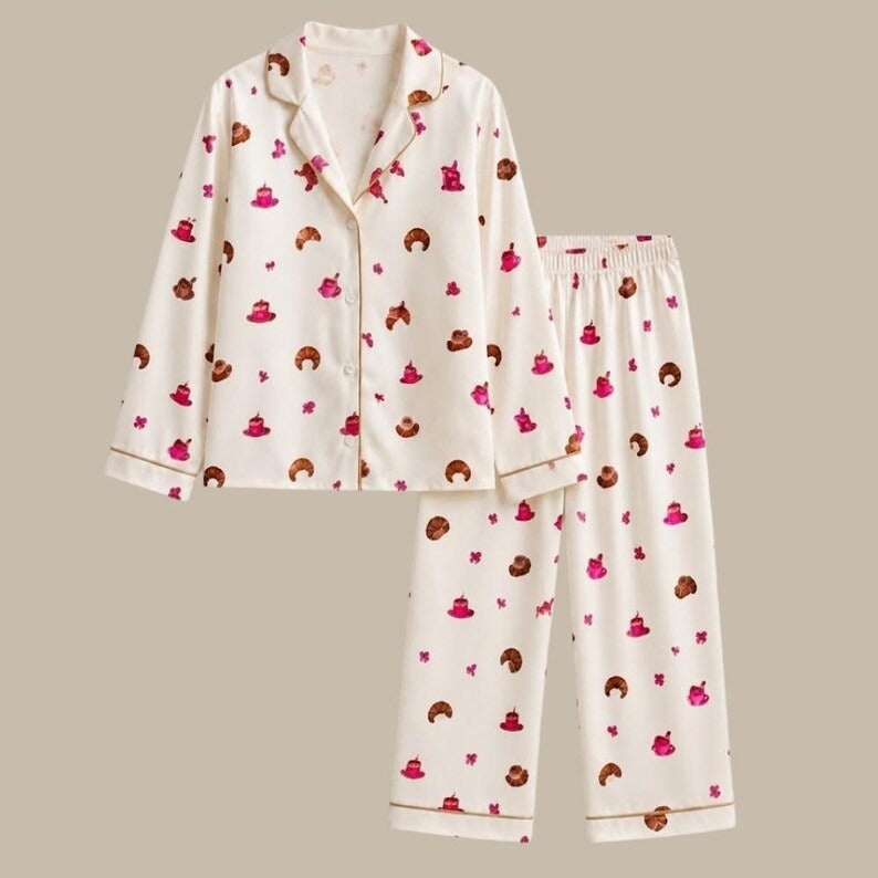 Mommy And Me Cream Croissant Print Satin Matching Pajama Set