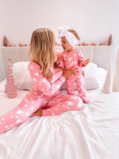 Mom and Baby Matching Pink Heart Pajama Set Long Sleeve Sleepwear