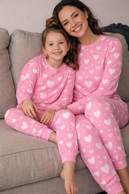 Mommy and Me Pink Heart Long Sleeve Matching Pajama Set