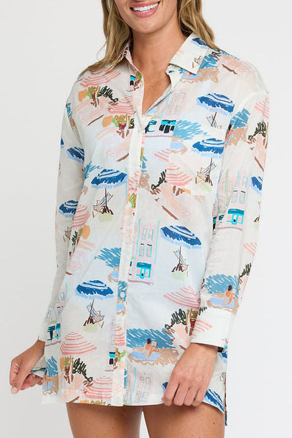 Marie Button Front Collared Shirt Dress in Coast to Coast