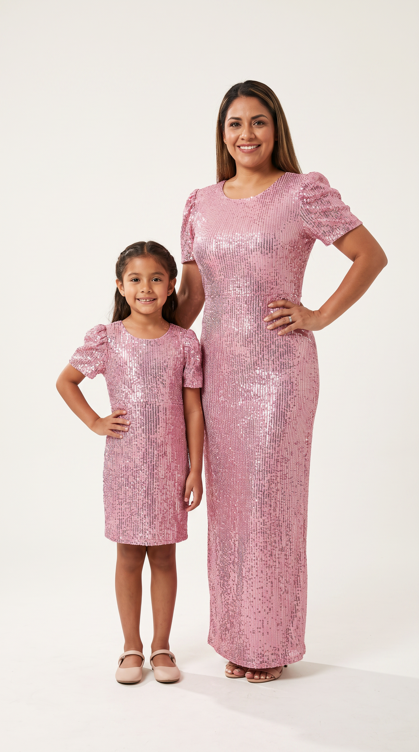 Mom and Daughter Pink Sequin Short Sleeve Party Dress