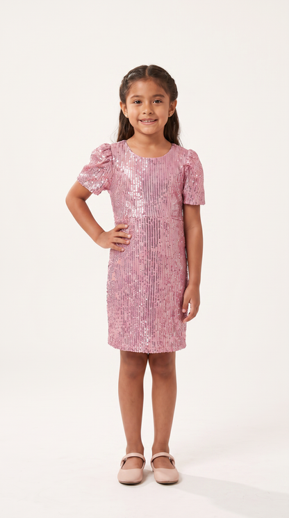 Mom and Daughter Pink Sequin Short Sleeve Party Dress