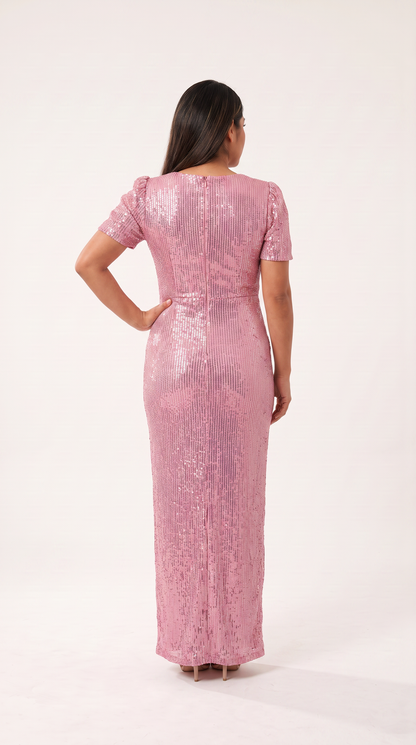 Mom and Daughter Pink Sequin Short Sleeve Party Dress