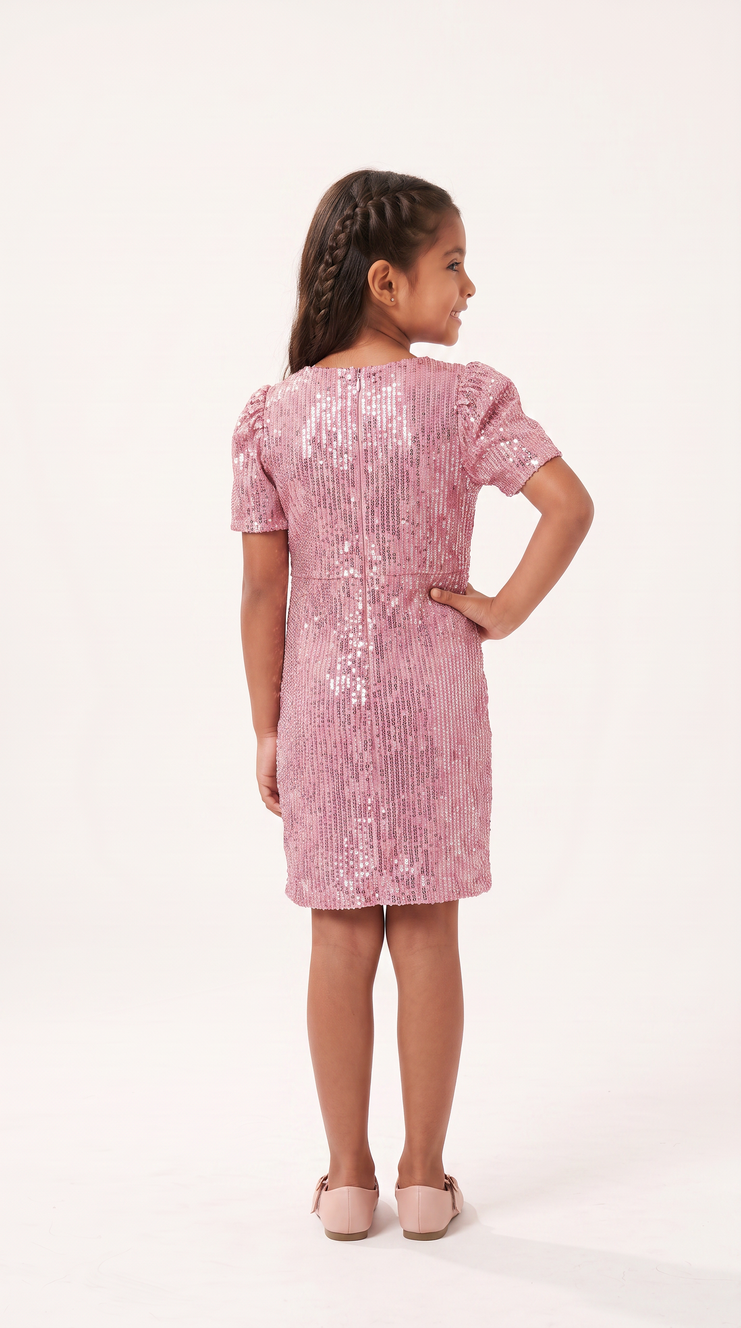 Mom and Daughter Pink Sequin Short Sleeve Party Dress
