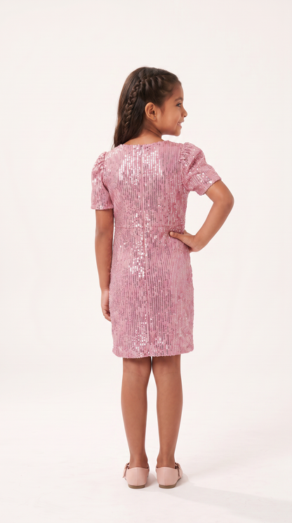 Mom and Daughter Pink Sequin Short Sleeve Party Dress