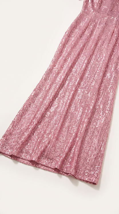 Mom and Daughter Pink Sequin Short Sleeve Party Dress