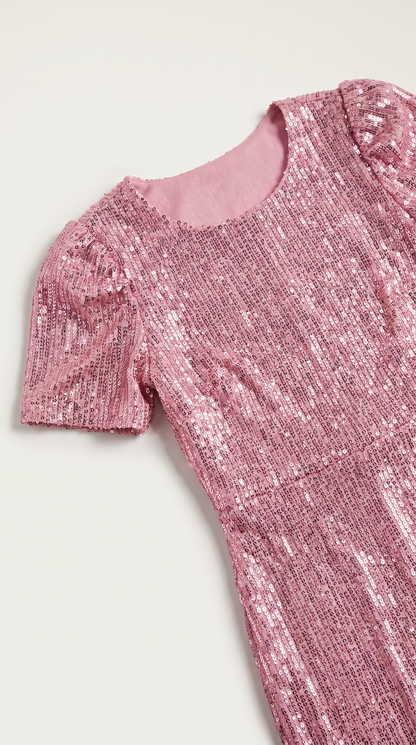 Mom and Daughter Pink Sequin Short Sleeve Party Dress