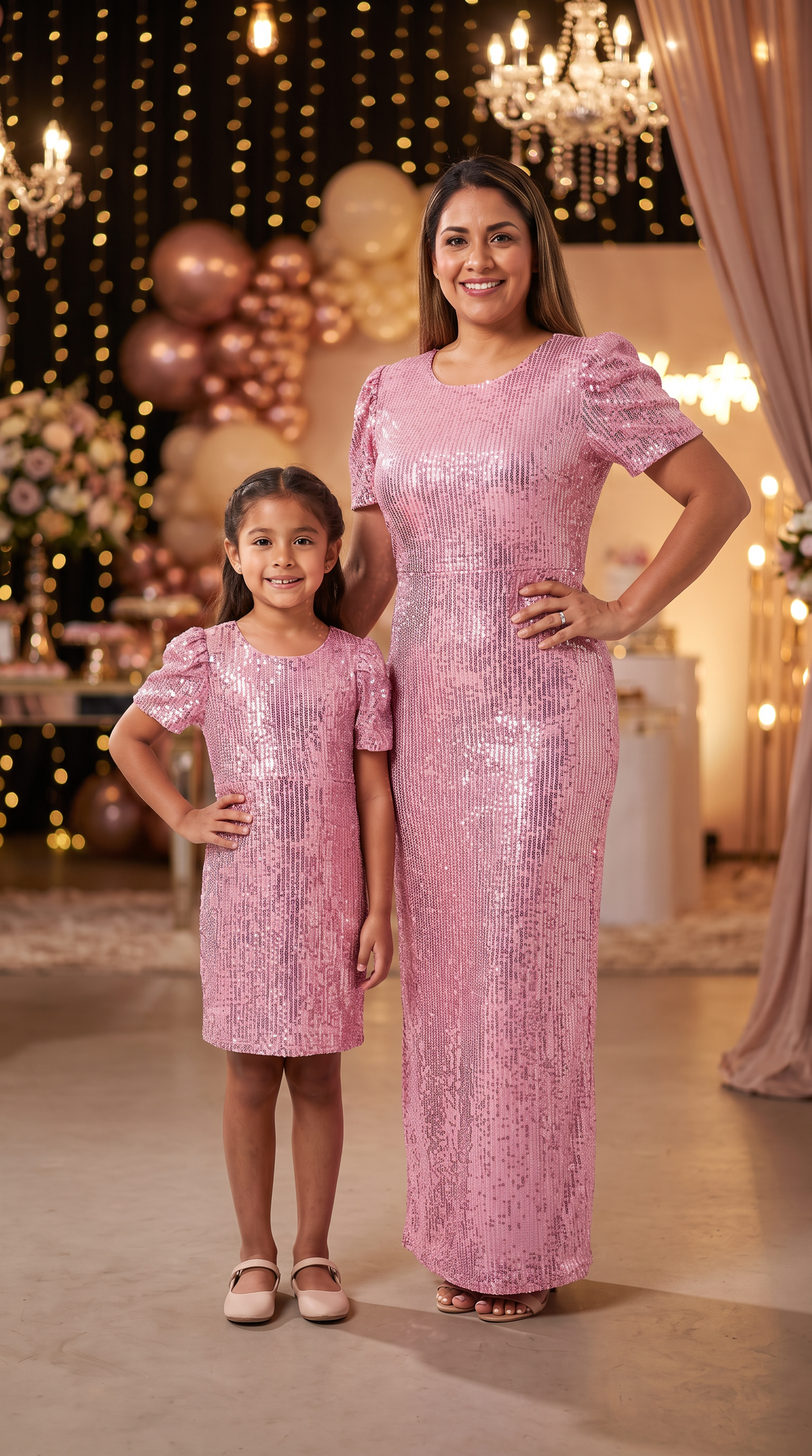 Mom and Daughter Pink Sequin Short Sleeve Party Dress