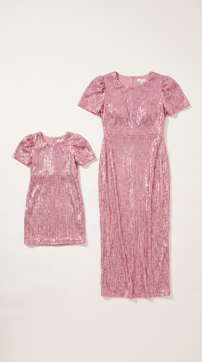 Mom and Daughter Pink Sequin Short Sleeve Party Dress