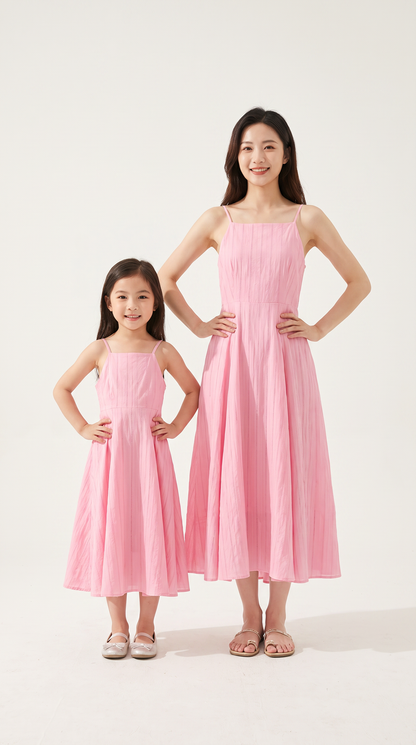 Mom and Daughter Pink Sleeveless A Line Maxi Summer Dress