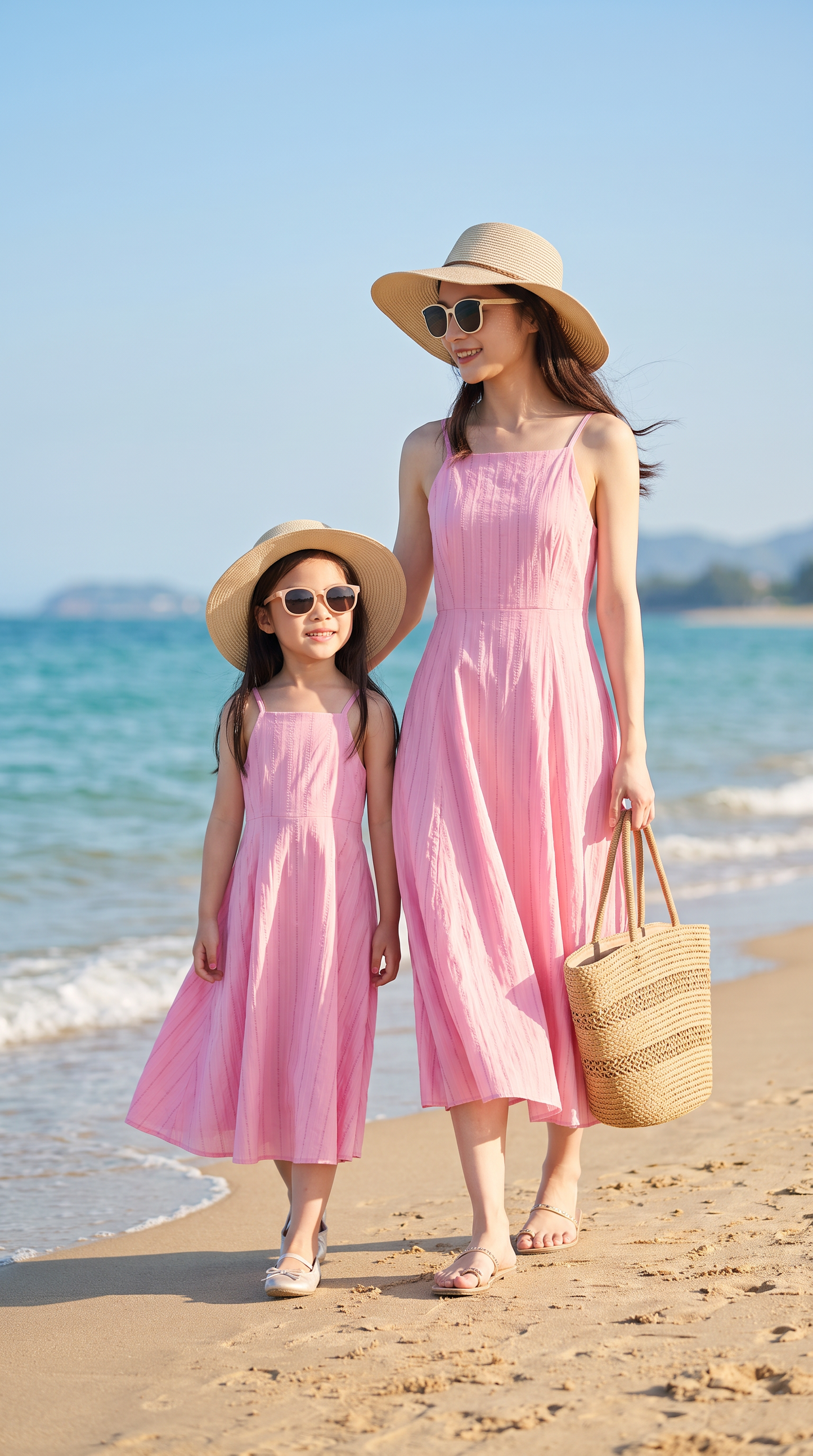 Mom and Daughter Pink Sleeveless A Line Maxi Summer Dress