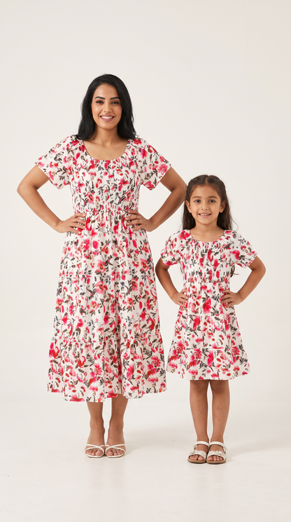 Mom and Daughter Pink Floral Off-Shoulder Midi Dress Set