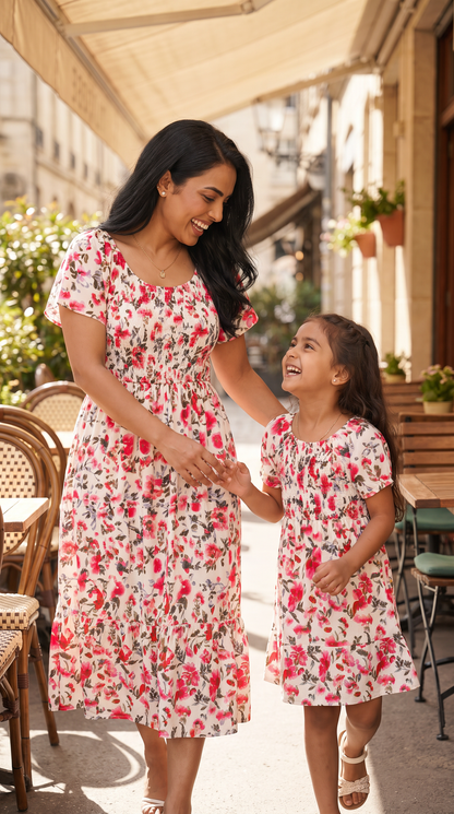 Mom and Daughter Pink Floral Off-Shoulder Midi Dress Set