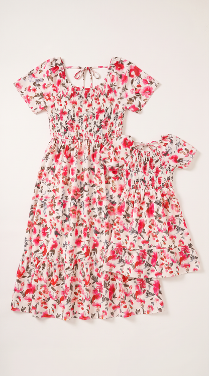Mom and Daughter Pink Floral Off-Shoulder Midi Dress Set