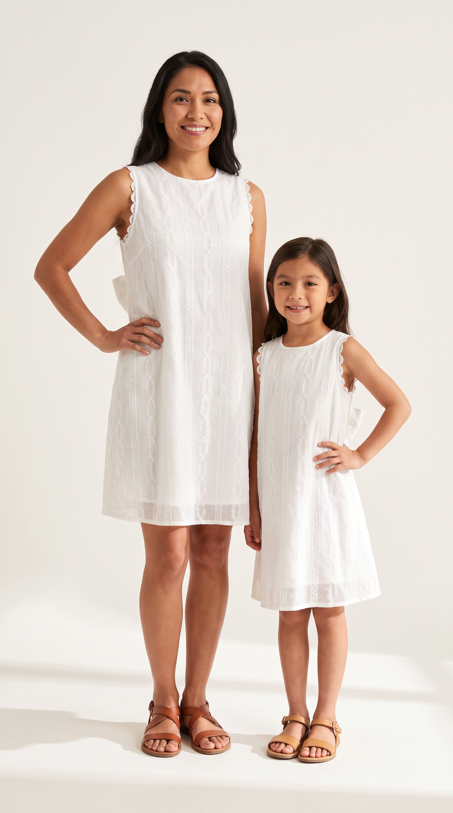 Mom and Daughter White Sleeveless Embroidered Summer Dress Set