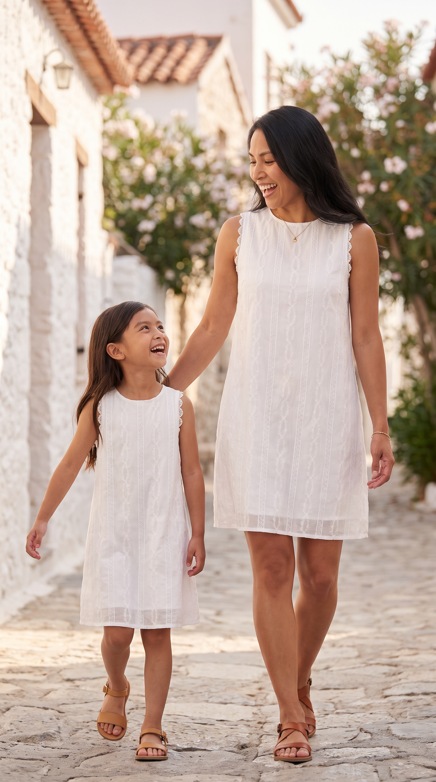 Mom and Daughter White Sleeveless Embroidered Summer Dress Set