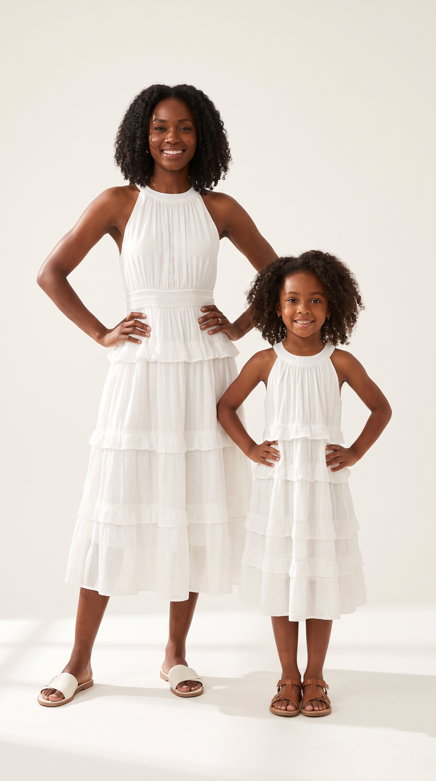 Mom and Daughter White Tiered Halter Dress Set