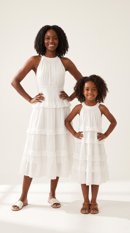 Mom and Daughter White Tiered Halter Dress Set