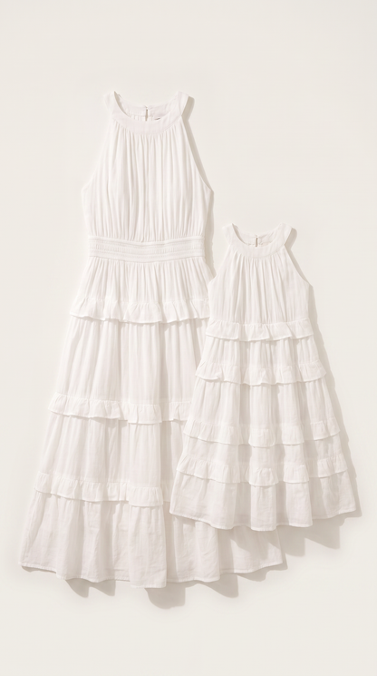 Mom and Daughter White Tiered Halter Dress Set