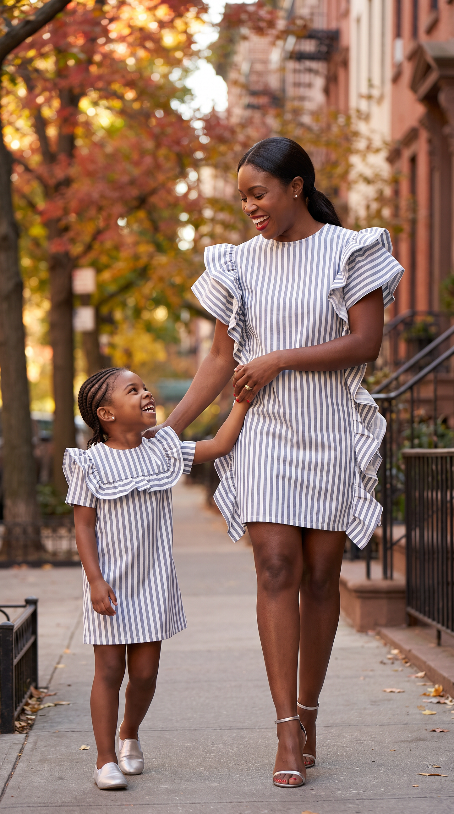 Mom and Daughter Striped Ruffle Sleeve Dress Set