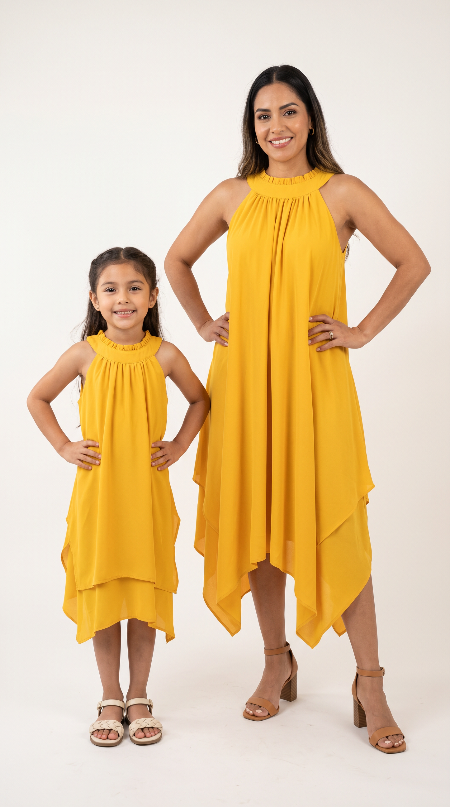 Mom and Daughter Yellow Chiffon Summer Dress Set