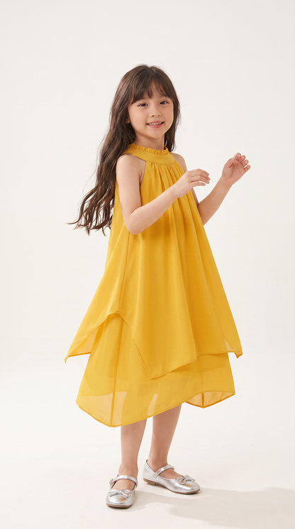 Mom and Daughter Yellow Chiffon Summer Dress Set