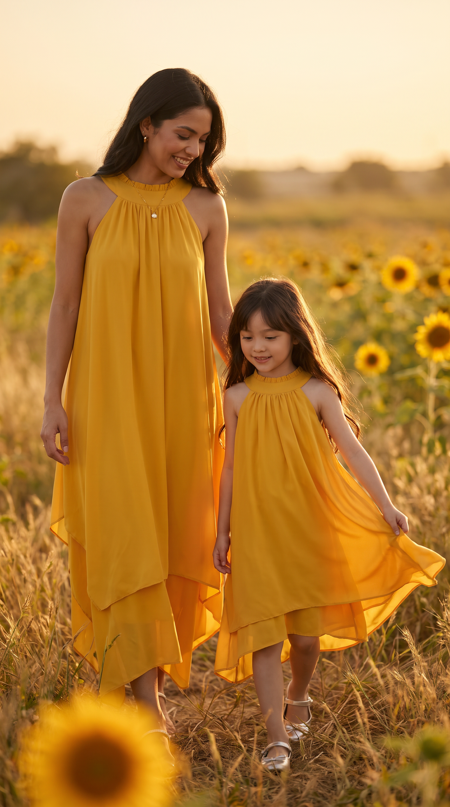 Mom and Daughter Yellow Chiffon Summer Dress Set