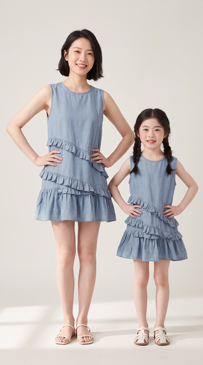 Mom and Daughter Blue Sleeveless Ruffle Dress Set