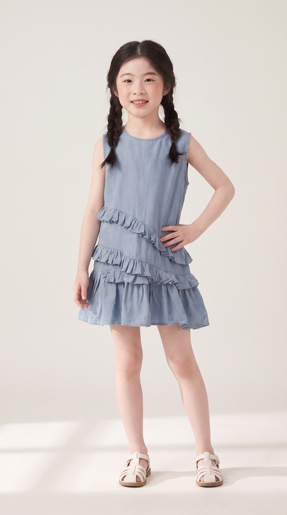 Mom and Daughter Blue Sleeveless Ruffle Dress Set