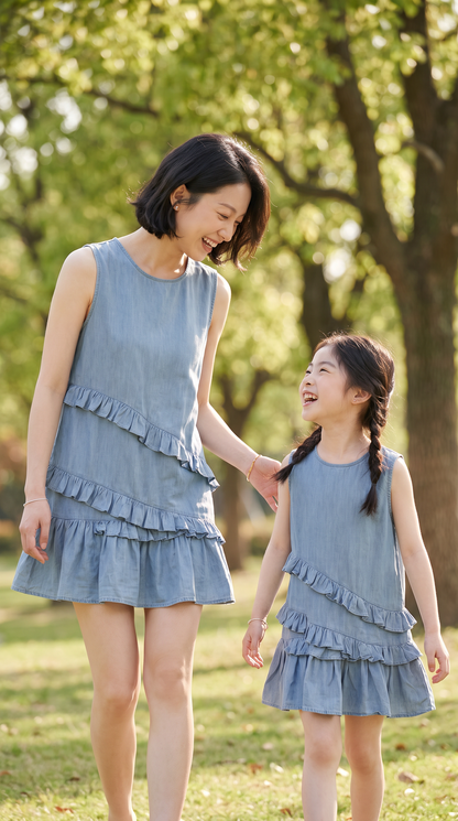 Mom and Daughter Blue Sleeveless Ruffle Dress Set