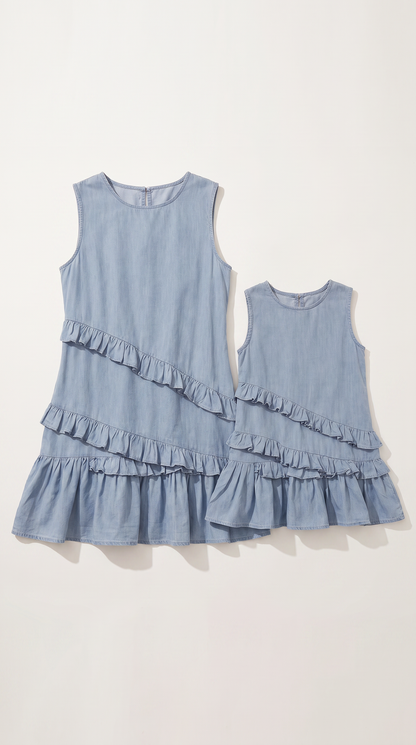 Mom and Daughter Blue Sleeveless Ruffle Dress Set