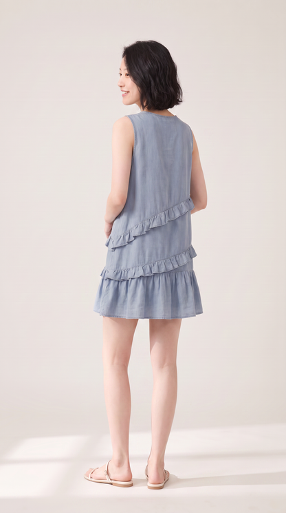 Mom and Daughter Blue Sleeveless Ruffle Dress Set