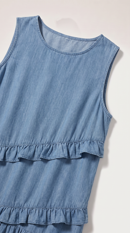 Mom and Daughter Blue Sleeveless Ruffle Dress Set