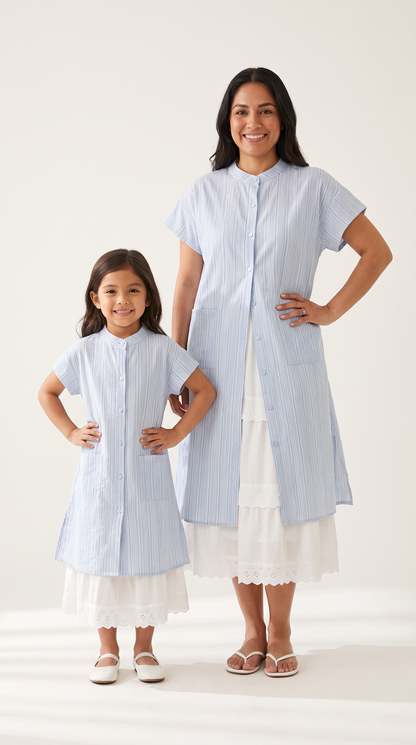 Mom and Daughter Blue Stripe Summer Dress Set