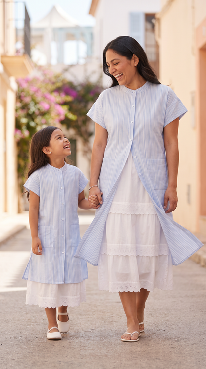 Mom and Daughter Blue Stripe Summer Dress Set