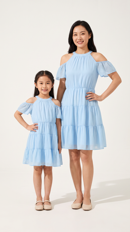Mom and Daughter Blue Off-Shoulder Summer Dress Set
