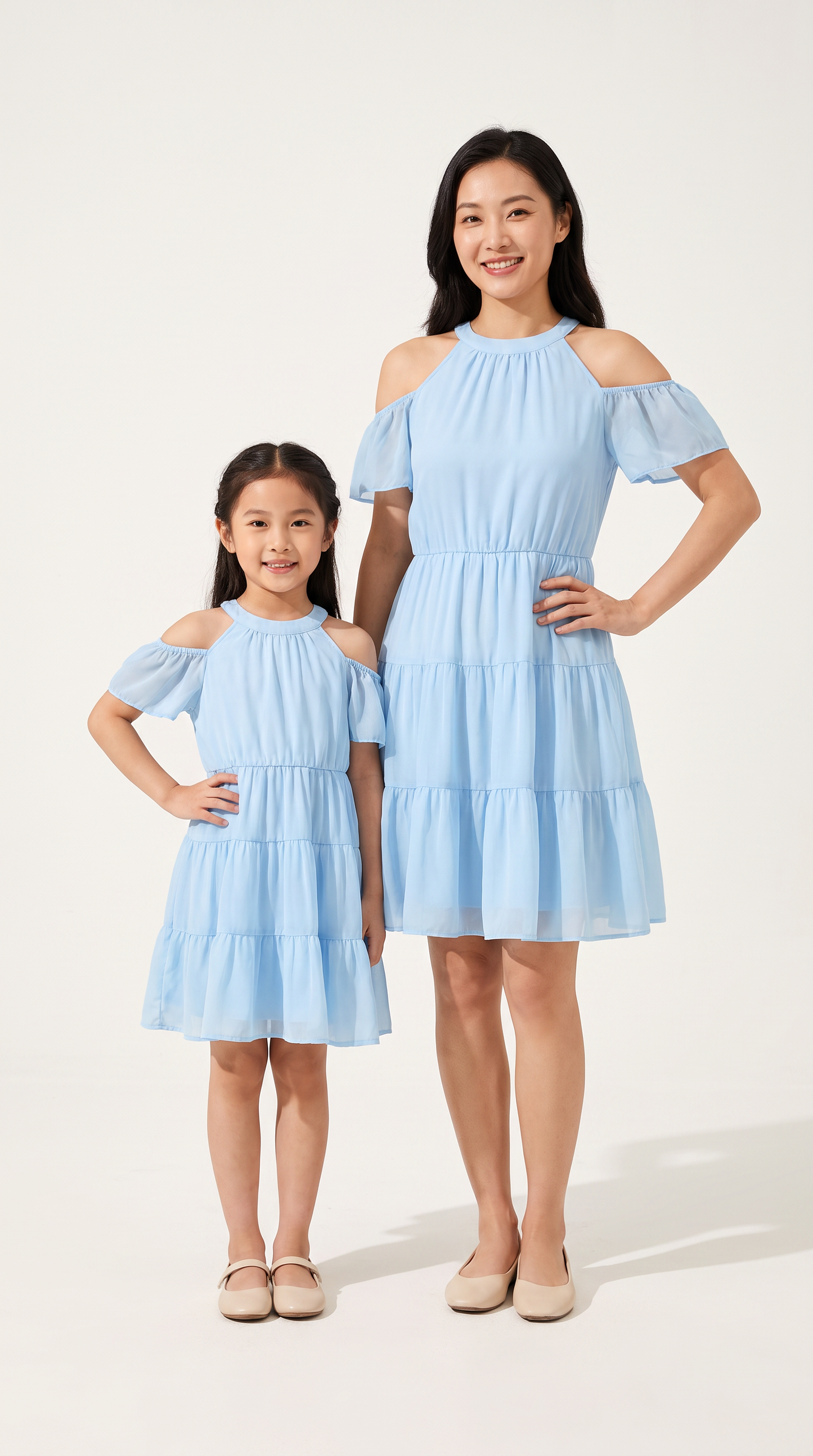 Mom and Daughter Blue Tiered Off-Shoulder Dress Set